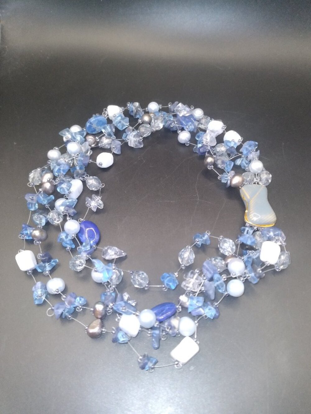 Designer CARLISLE Multi layered Floating Pearls,Blue Crystals Choker Necklace
